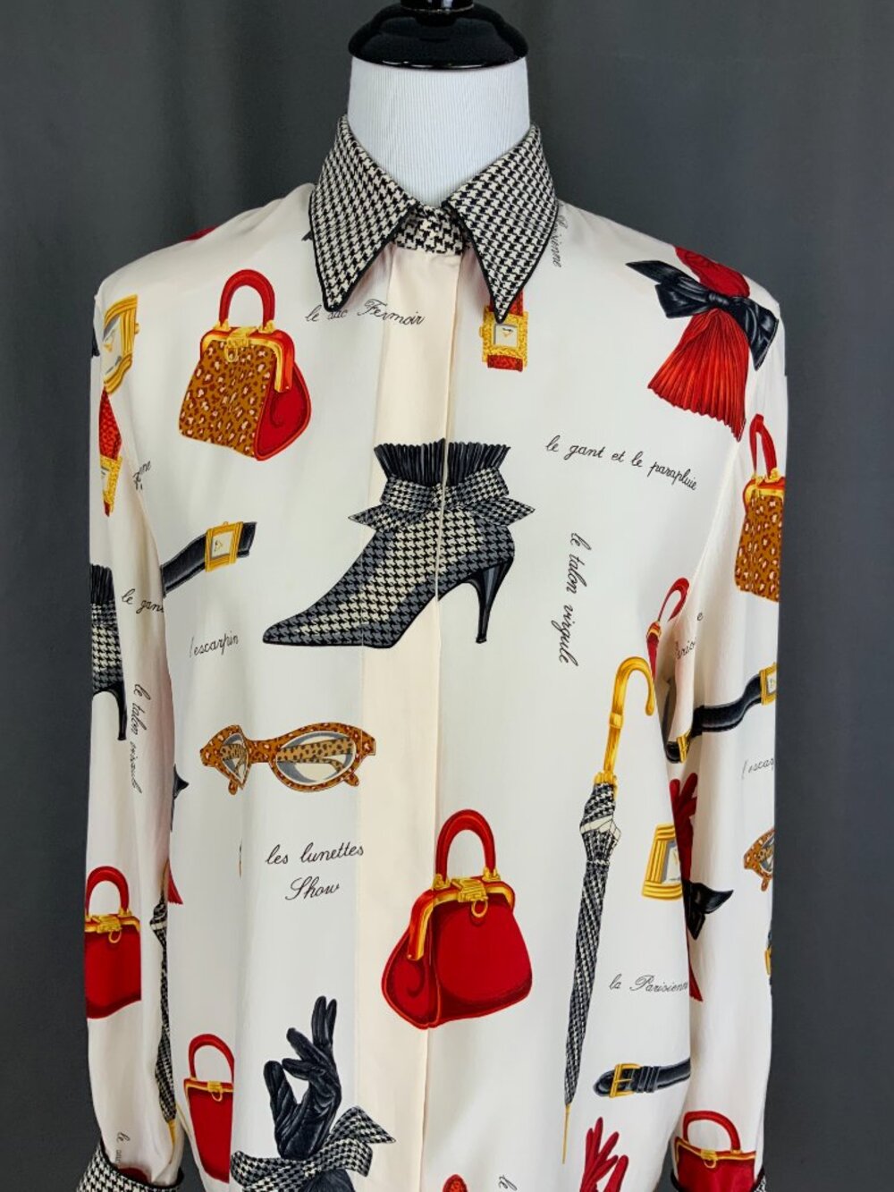 Vintage 90s Starington Novelty Print Silk Button Up Blouse Sz 8 -10 - Picture 3 of 16
